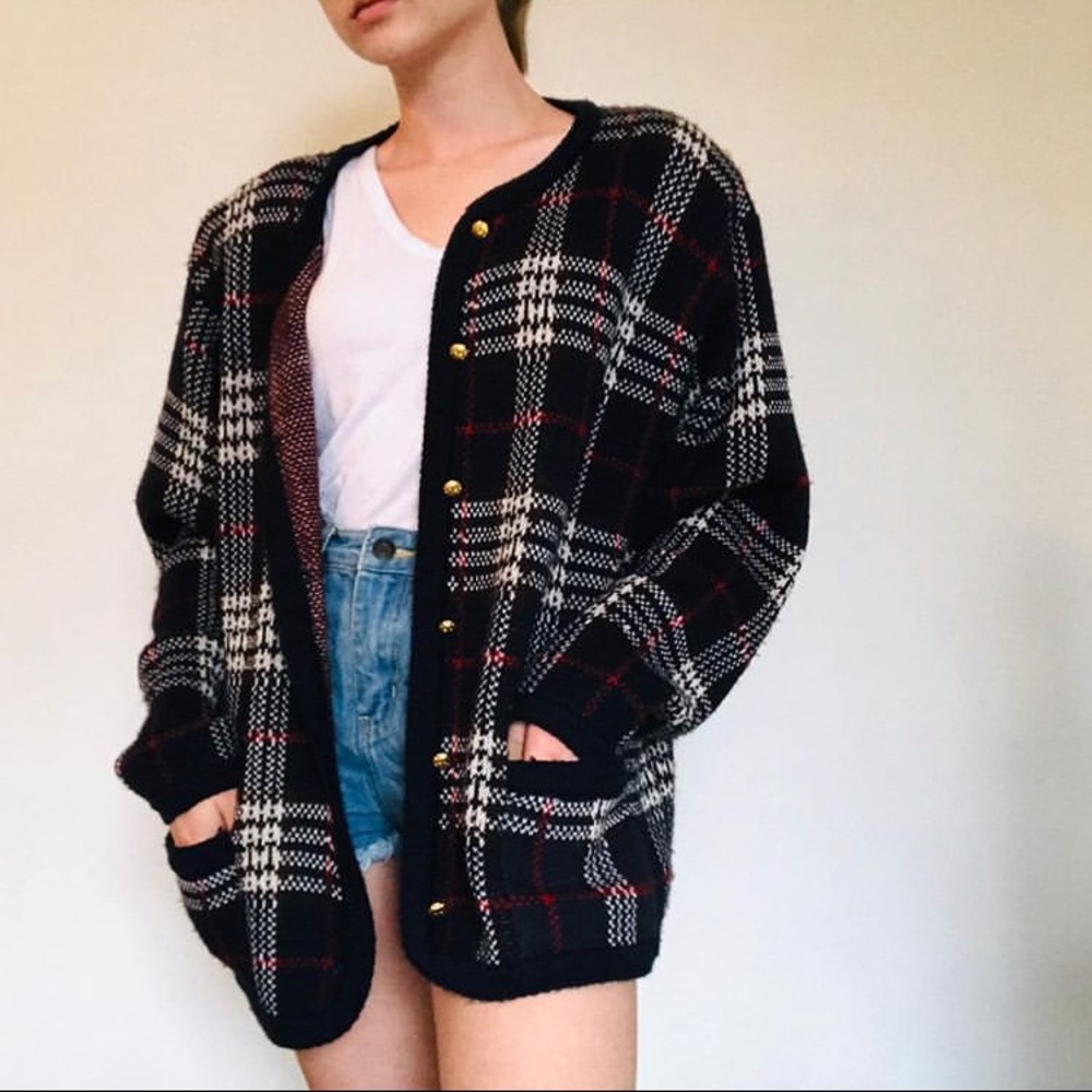 Plaid print Knit cardigan